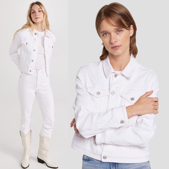 7 FOR ALL MANKIND 90s Luxe Ivory Stretch Denim Cropped Jean Trucker Jacket L - Picture 6 of 15